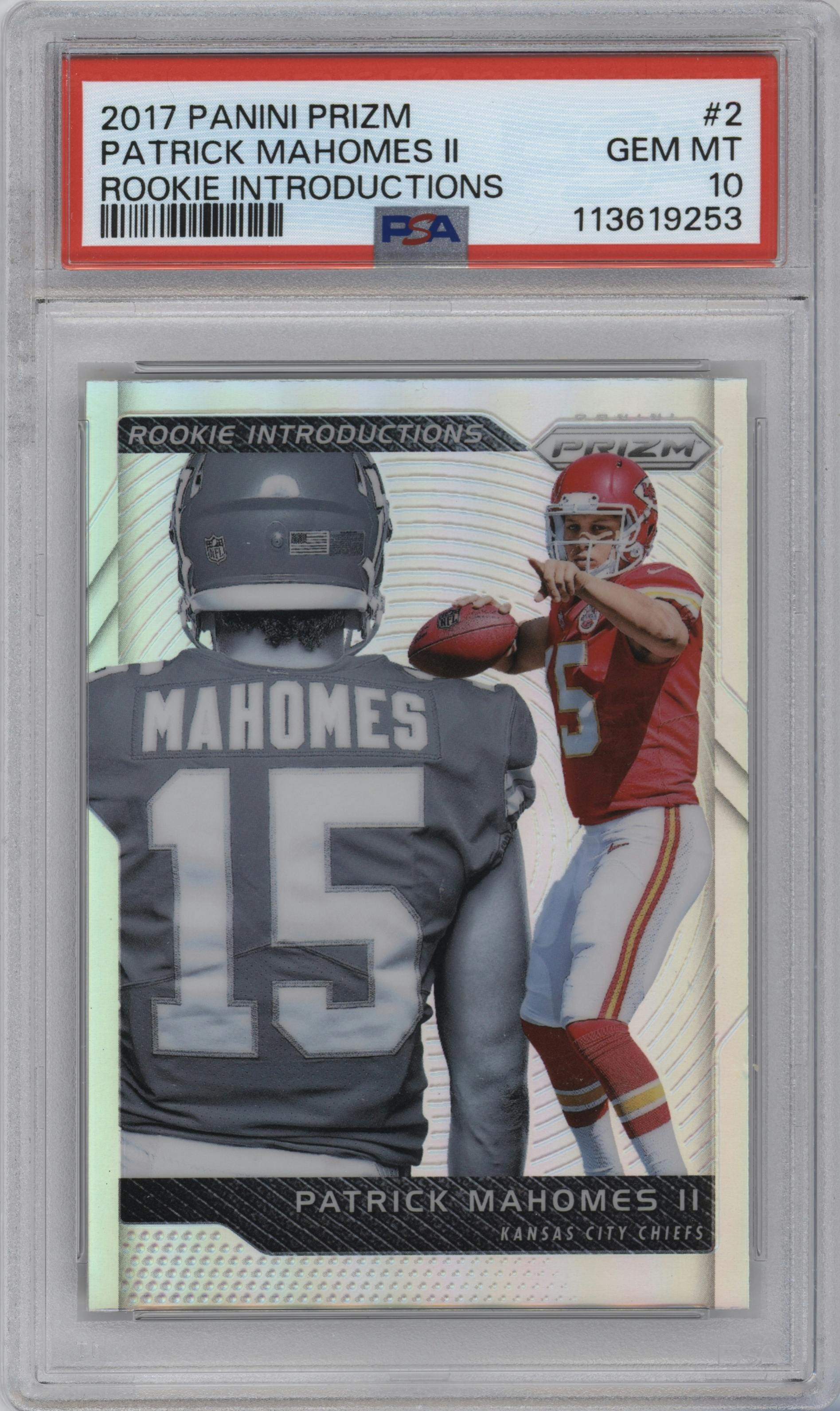 Patrick Mahomes II from the 2017 Panini Prizm set graded by PSA and given an overall grade of 10.