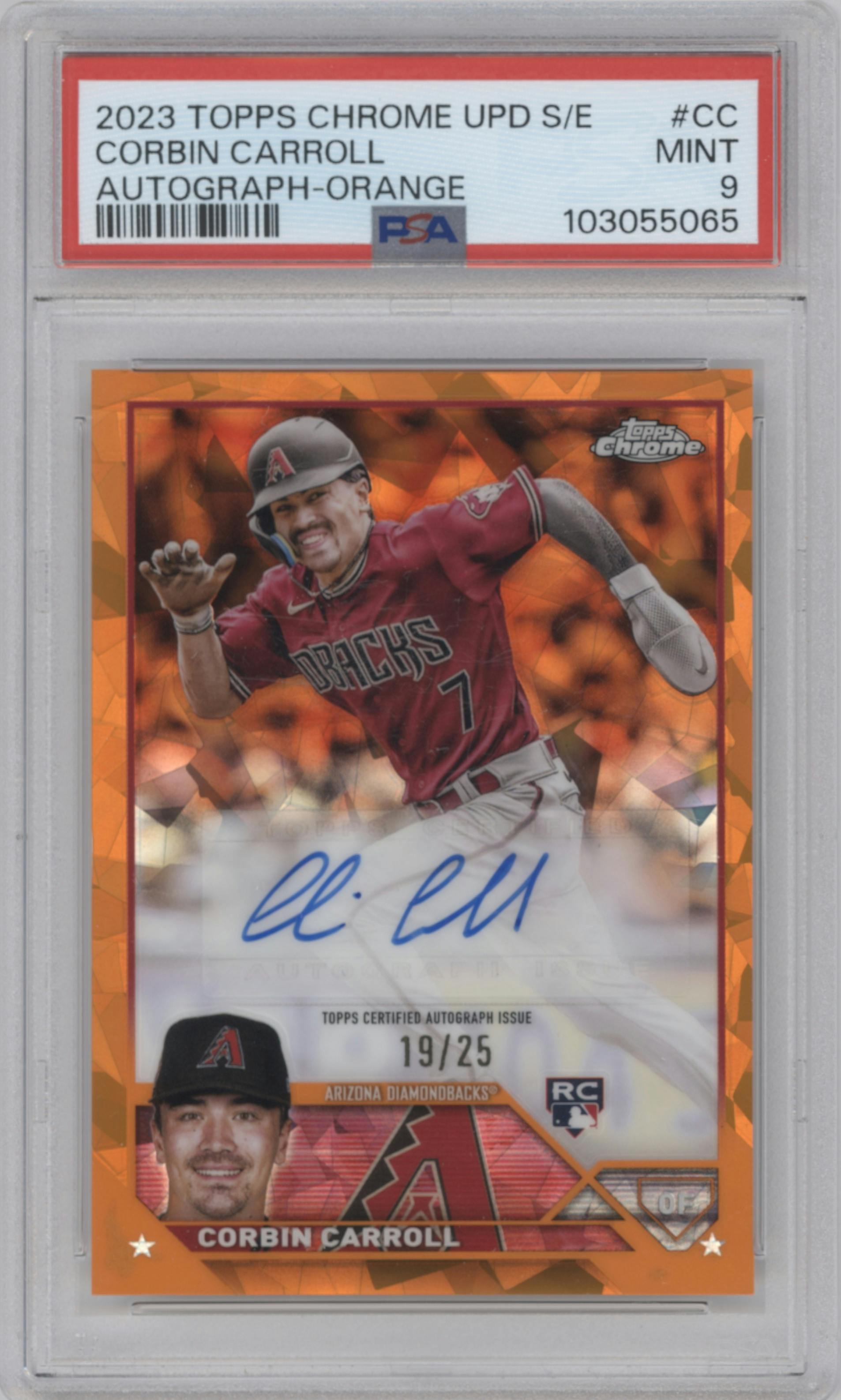 Corbin Carroll from the 2023 Topps Chrome Update Series Sapphire Edition set featuring a Orange  parallel graded by PSA and given an overall grade of 9.