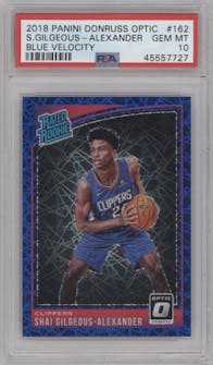 Shai Gilgeous-Alexander from the 2018-19 Panini Donruss Optic set featuring a Blue Velocity parallel graded by PSA and given an overall grade of 10.