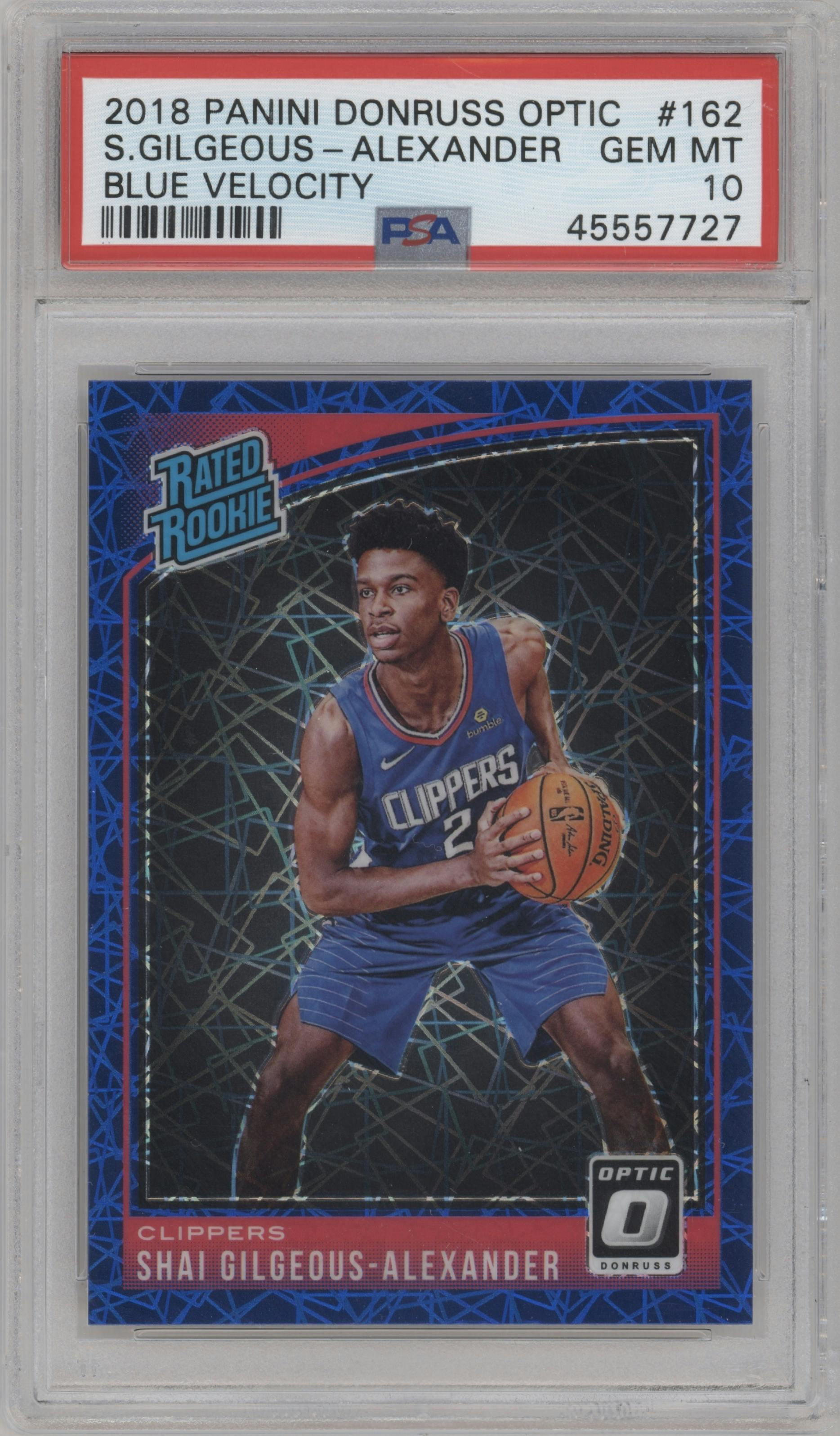 Shai Gilgeous-Alexander from the 2018-19 Panini Donruss Optic set featuring a Blue Velocity parallel graded by PSA and given an overall grade of 10.