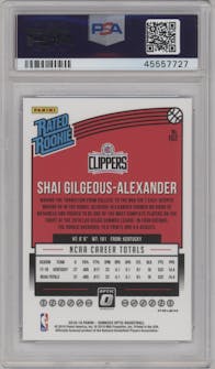 Shai Gilgeous-Alexander from the 2018-19 Panini Donruss Optic set featuring a Blue Velocity parallel graded by PSA and given an overall grade of 10.