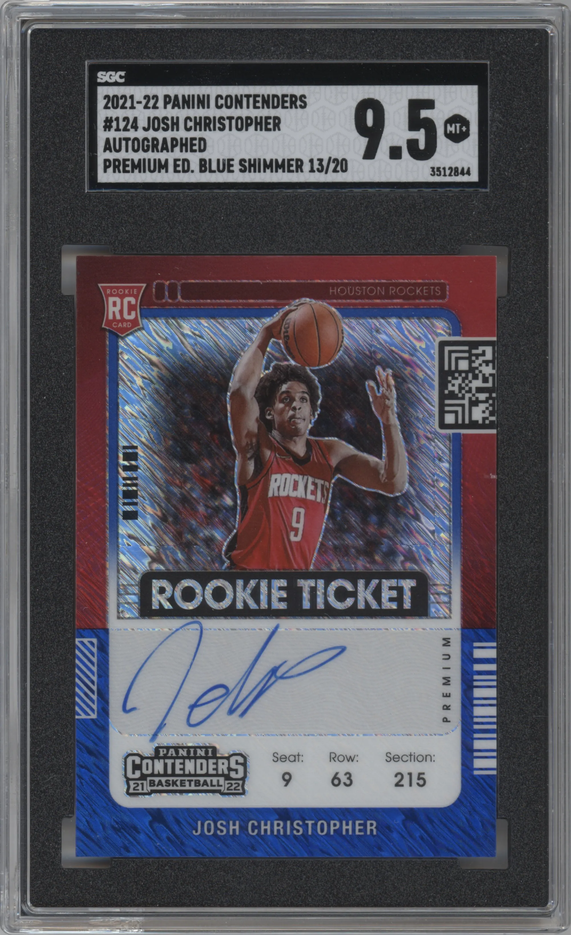 2021 Panini Contenders Rke.Tkt.Var.Auto Josh Christopher Premium Edition Blue Shimmer FOTL #124 SGC 9.5