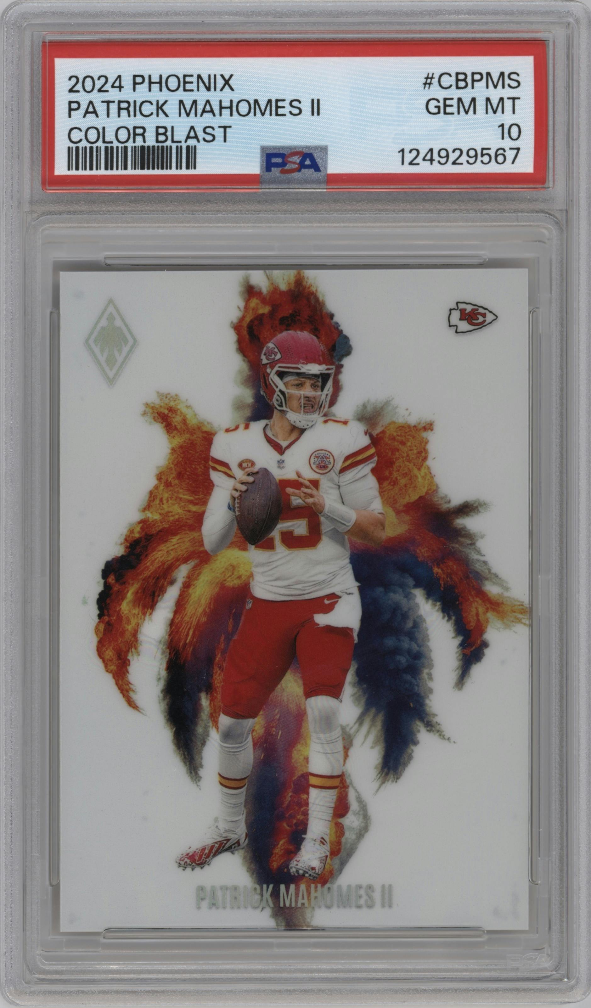 Patrick Mahomes II from the 2024 Panini Phoenix set graded by PSA and given an overall grade of 10.