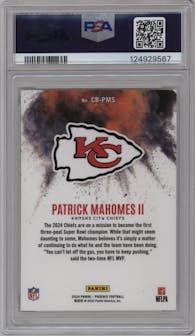 Patrick Mahomes II from the 2024 Panini Phoenix set graded by PSA and given an overall grade of 10.