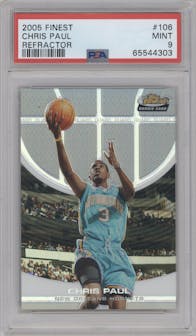 Chris Paul from the 2005-06 Topps Finest set featuring a Refractor parallel graded by PSA and given an overall grade of 9.