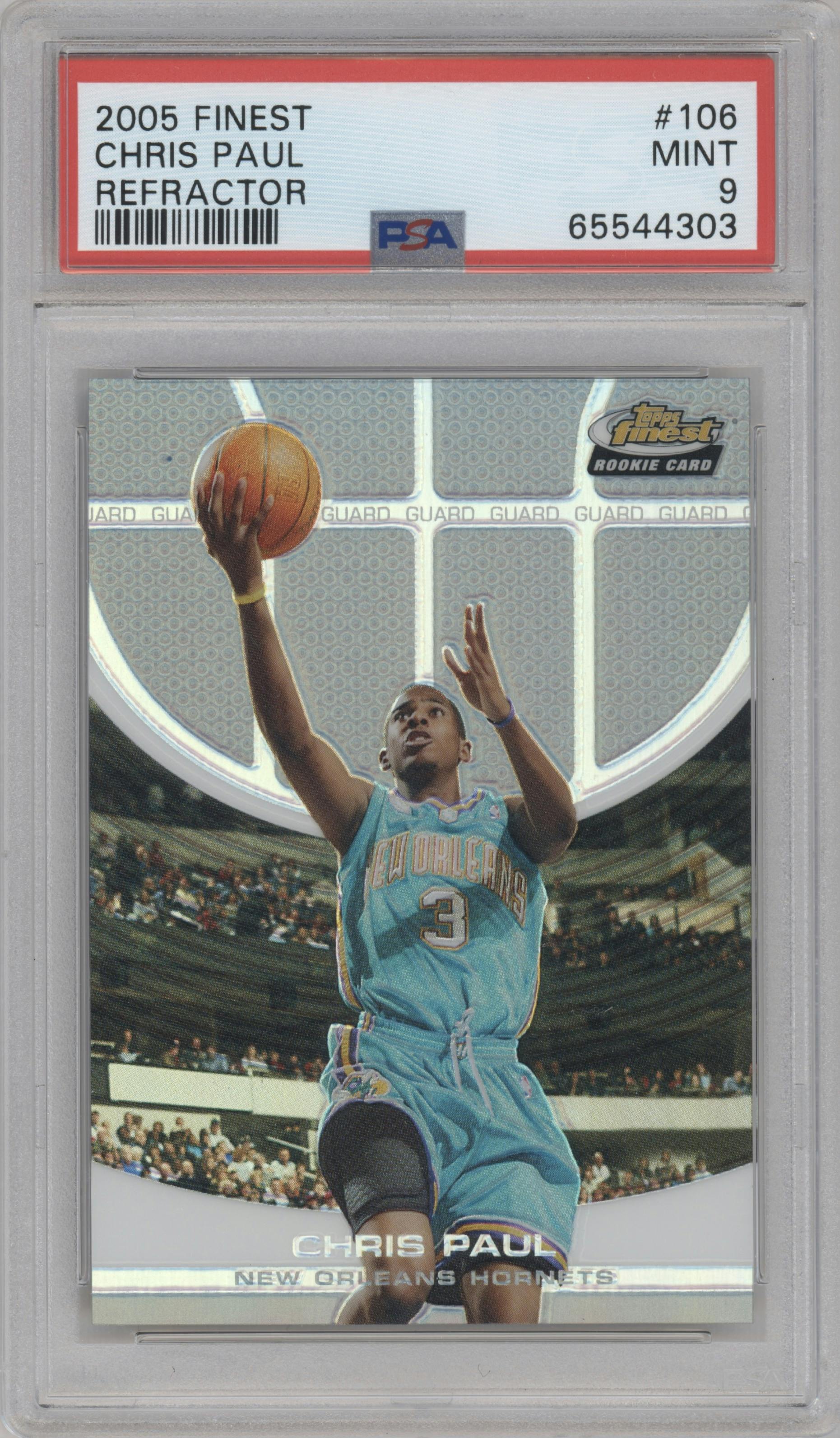 Chris Paul from the 2005-06 Topps Finest set featuring a Refractor parallel graded by PSA and given an overall grade of 9.