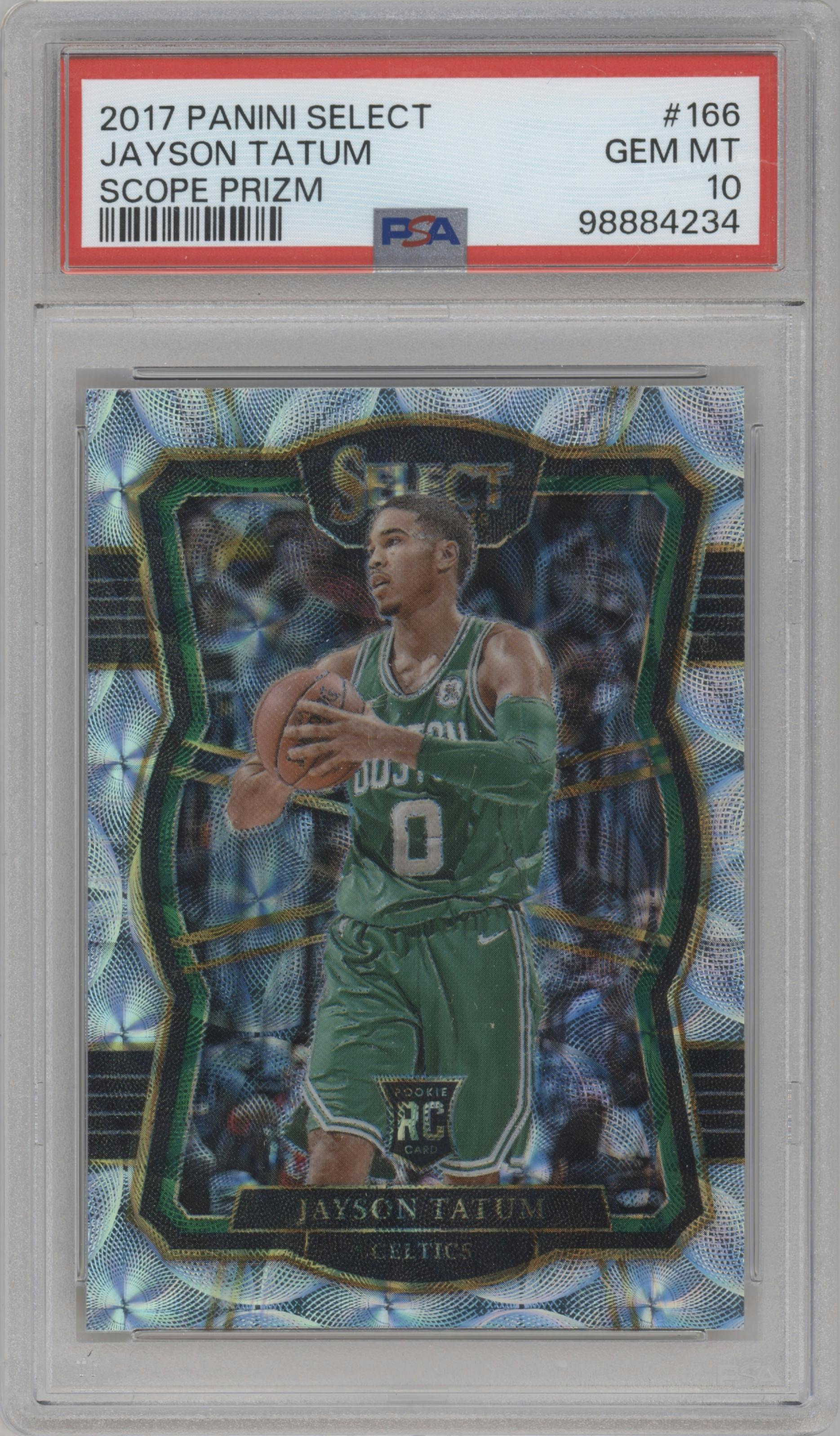 Jayson Tatum from the 2017-18 Panini Select set featuring a Scope parallel graded by PSA and given an overall grade of 10.