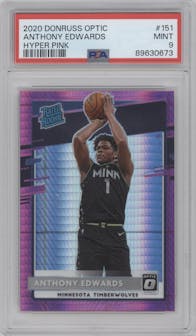 Anthony Edwards from the 2020-21 Panini Donruss Optic set featuring a Hyper Pink parallel graded by PSA and given an overall grade of 9.