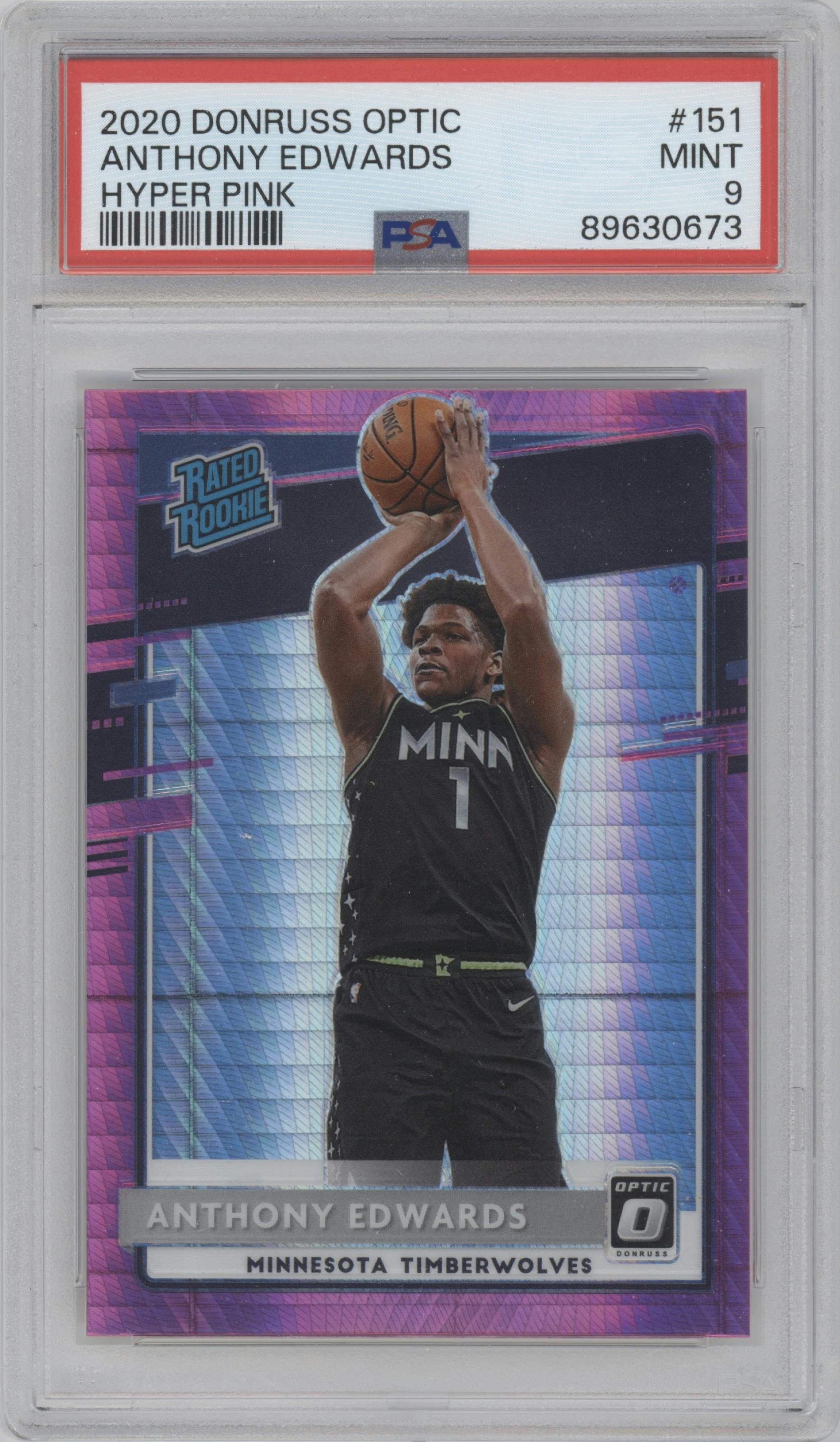 Anthony Edwards from the 2020-21 Panini Donruss Optic set featuring a Hyper Pink parallel graded by PSA and given an overall grade of 9.