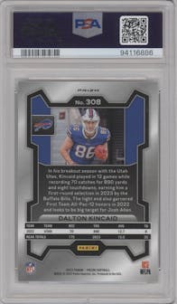 Dalton Kincaid from the 2023 Panini Prizm set featuring a Silver Prizm parallel graded by PSA and given an overall grade of 10.