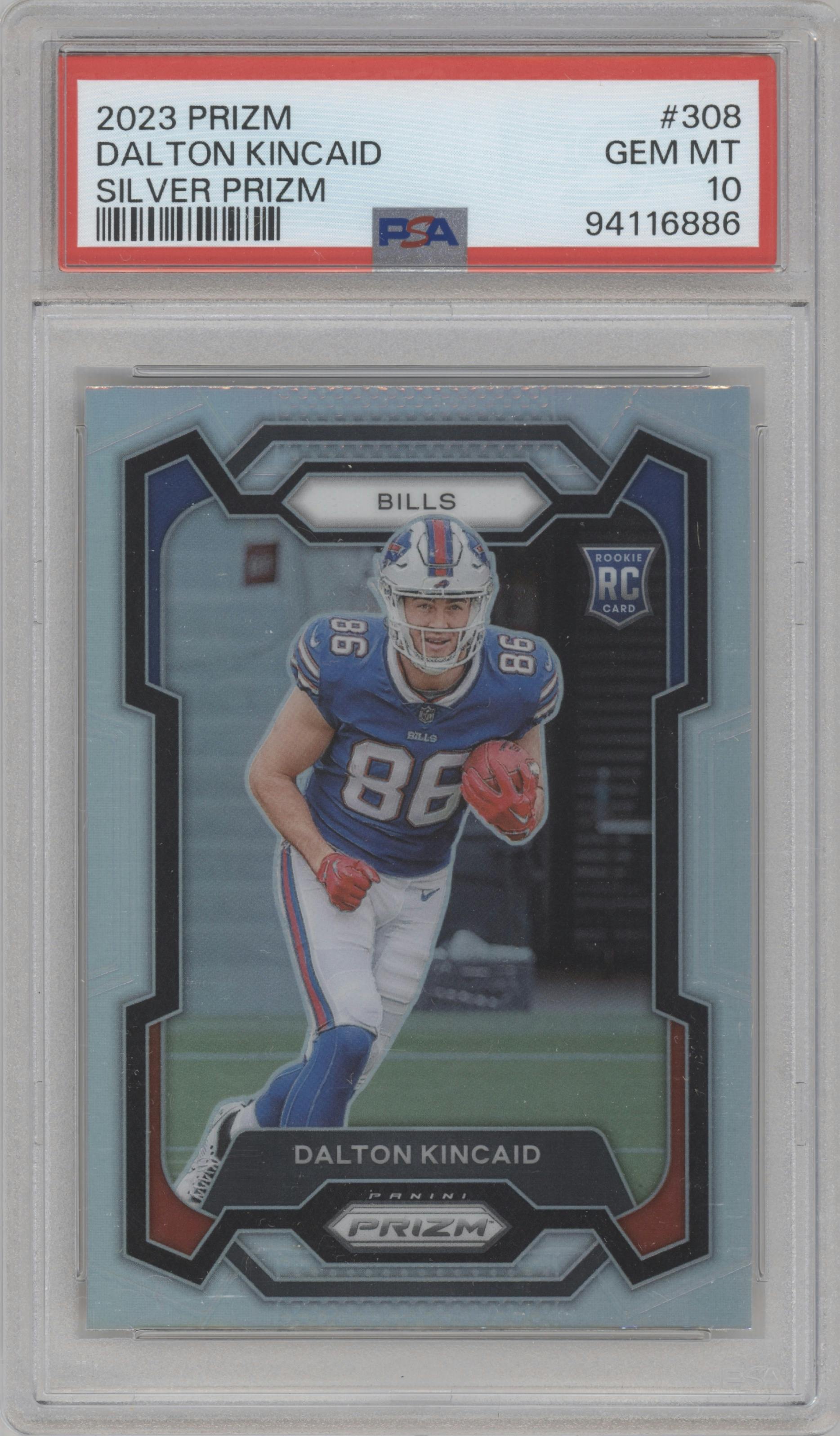 Dalton Kincaid from the 2023 Panini Prizm set featuring a Silver Prizm parallel graded by PSA and given an overall grade of 10.