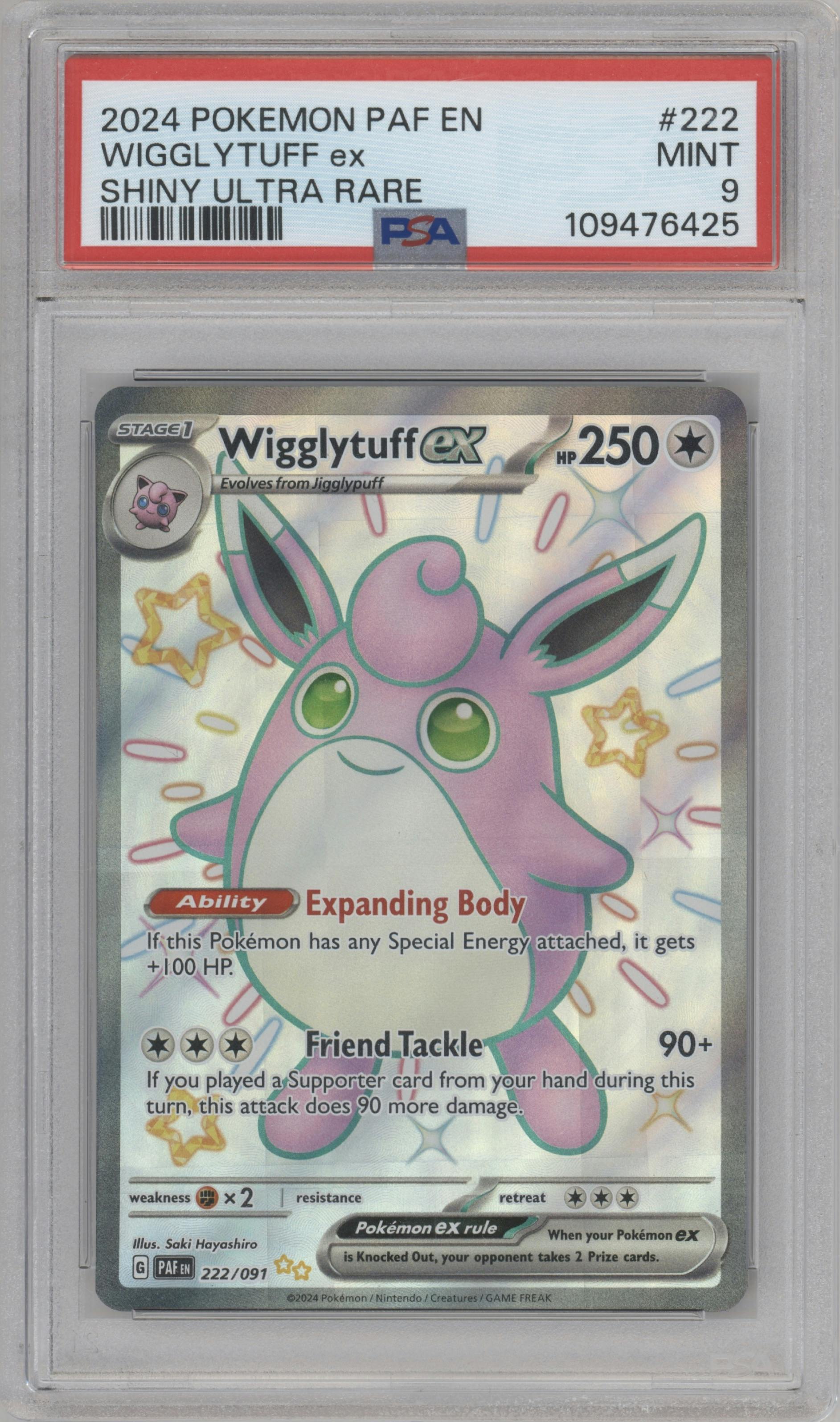 Wigglytuff ex from the 2024 Pokemon SV set graded by PSA and given an overall grade of 9.