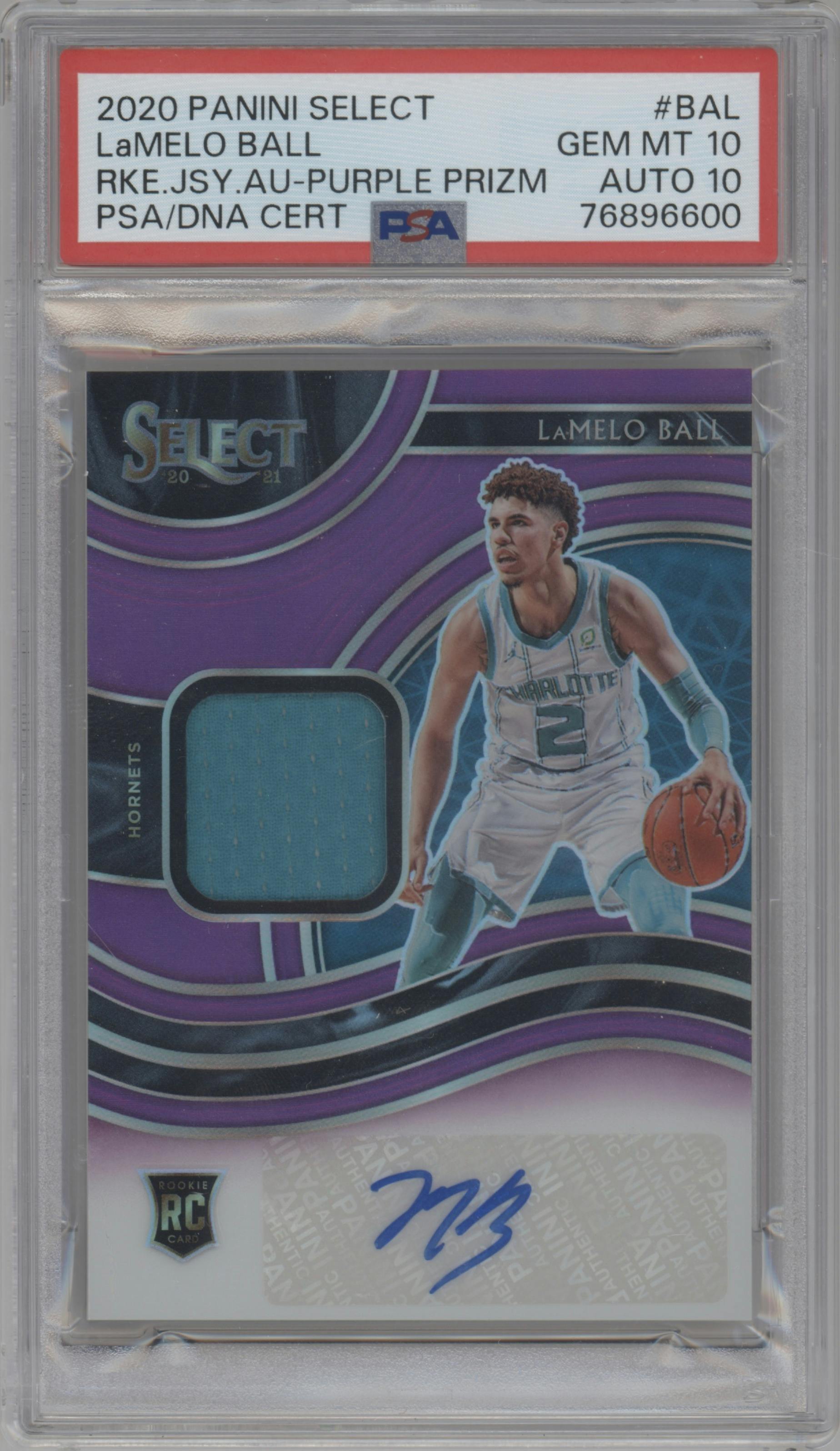 LaMelo Ball from the 2020-21 Panini Select  set featuring a Purple Prizm parallel graded by PSA and given an overall grade of 10.