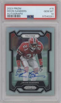 Deion Sanders from the 2023 Panini Prizm set graded by PSA and given an overall grade of 10.