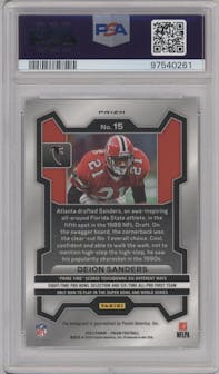 Deion Sanders from the 2023 Panini Prizm set graded by PSA and given an overall grade of 10.