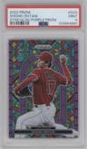 Shohei Ohtani from the 2022 Panini Prizm set featuring a Purple Prizm parallel graded by PSA and given an overall grade of 9.