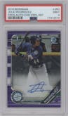 Julio Rodriguez from the 2019 Bowman  set featuring a Purple Refractor  parallel graded by PSA and given an overall grade of 9.