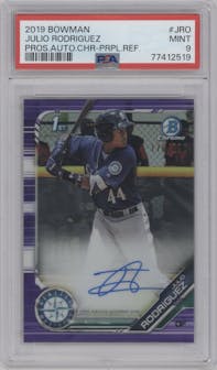 Julio Rodriguez from the 2019 Bowman  set featuring a Purple Refractor  parallel graded by PSA and given an overall grade of 9.