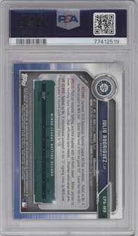 Julio Rodriguez from the 2019 Bowman  set featuring a Purple Refractor  parallel graded by PSA and given an overall grade of 9.
