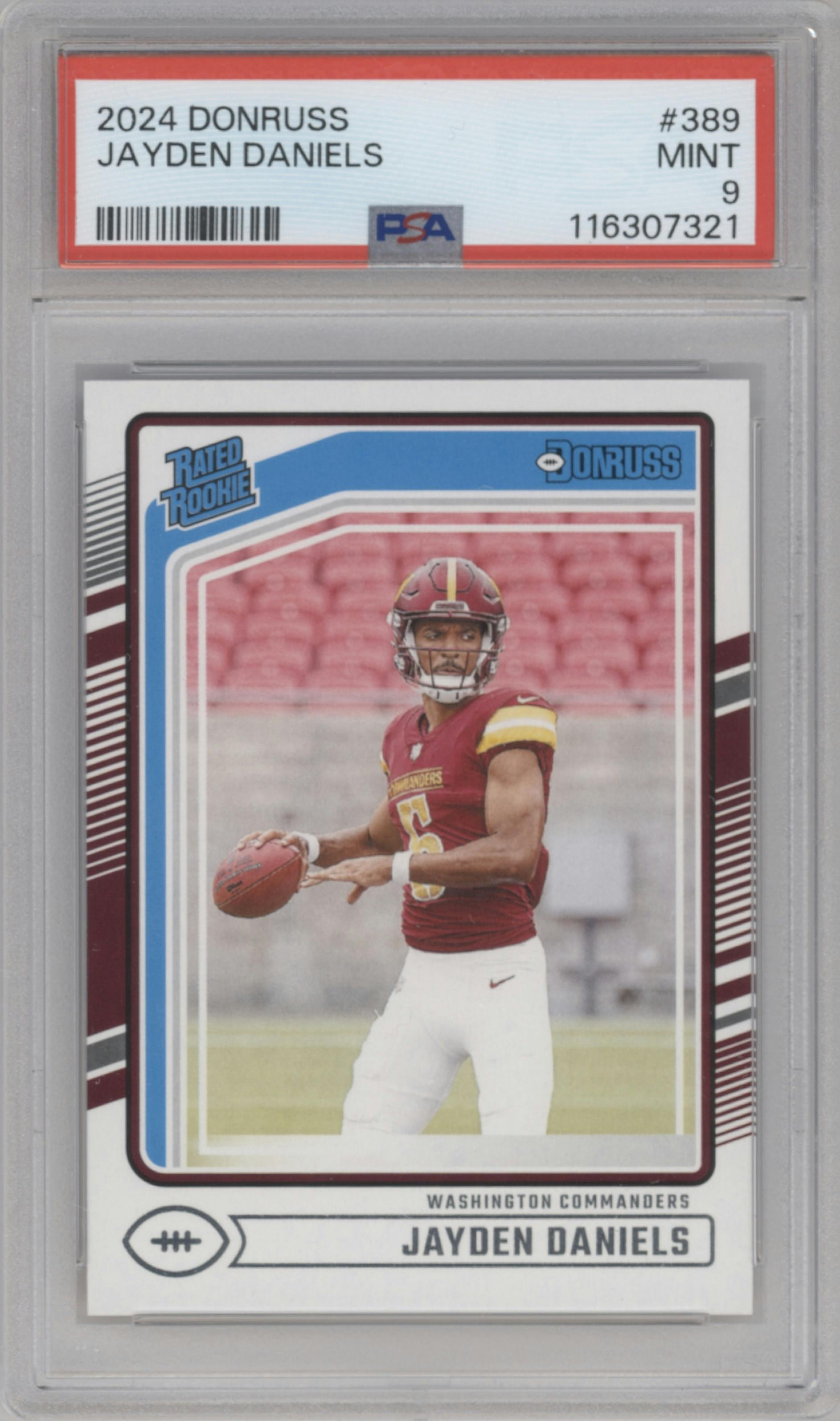 Jayden Daniels from the 2024 Donruss set graded by PSA and given an overall grade of 9.