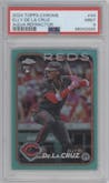 Elly De La Cruz from the 2024 Topps Chrome set featuring a Aqua Refractor parallel graded by PSA and given an overall grade of 9.