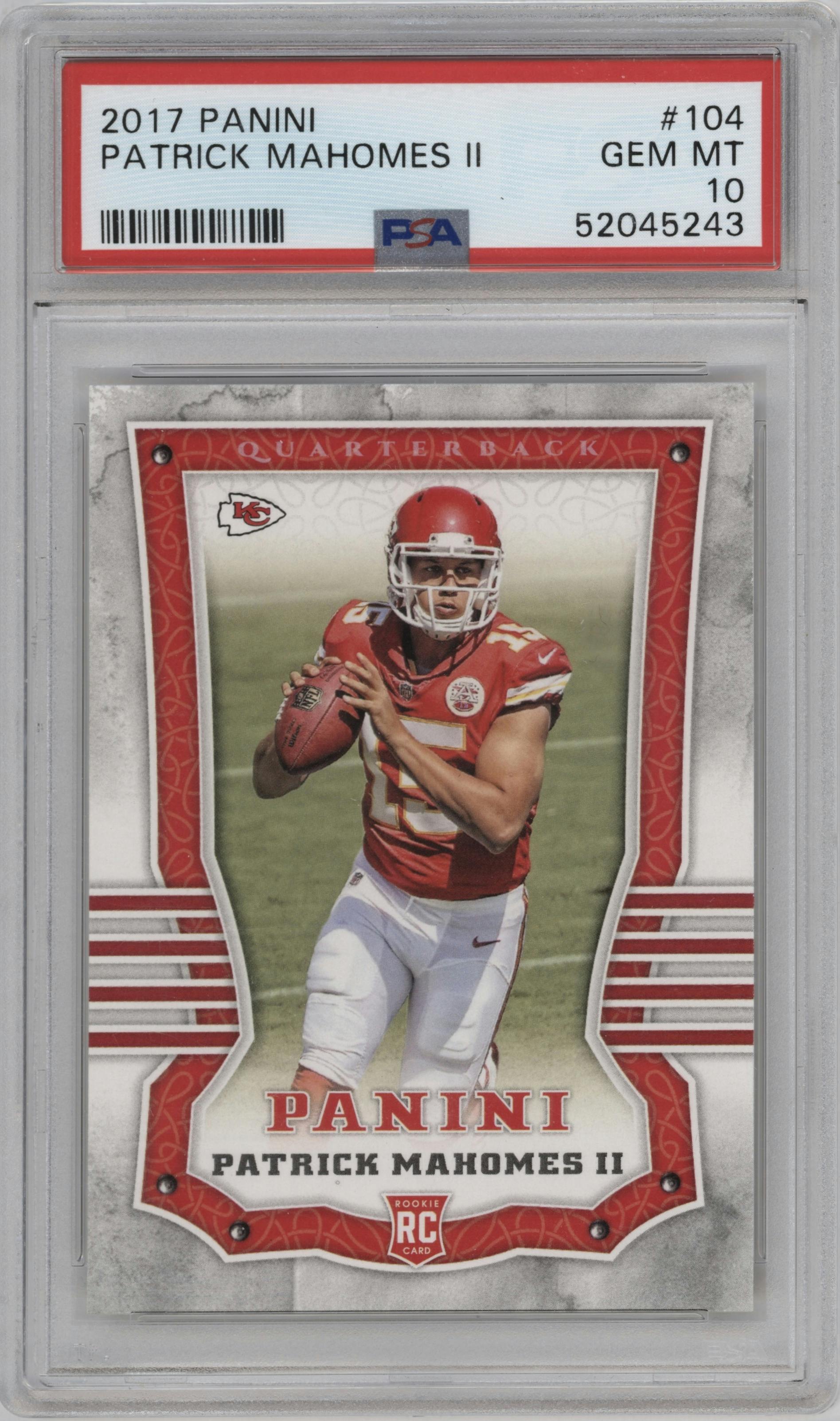Patrick Mahomes II from the 2017 Panini set graded by PSA and given an overall grade of 10.