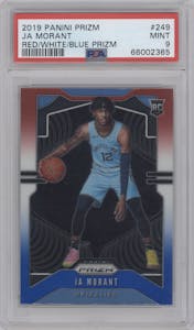 Ja Morant from the 2019-20 Panini Prizm set featuring a Red/White/Blue Prizm  parallel graded by PSA and given an overall grade of 9.