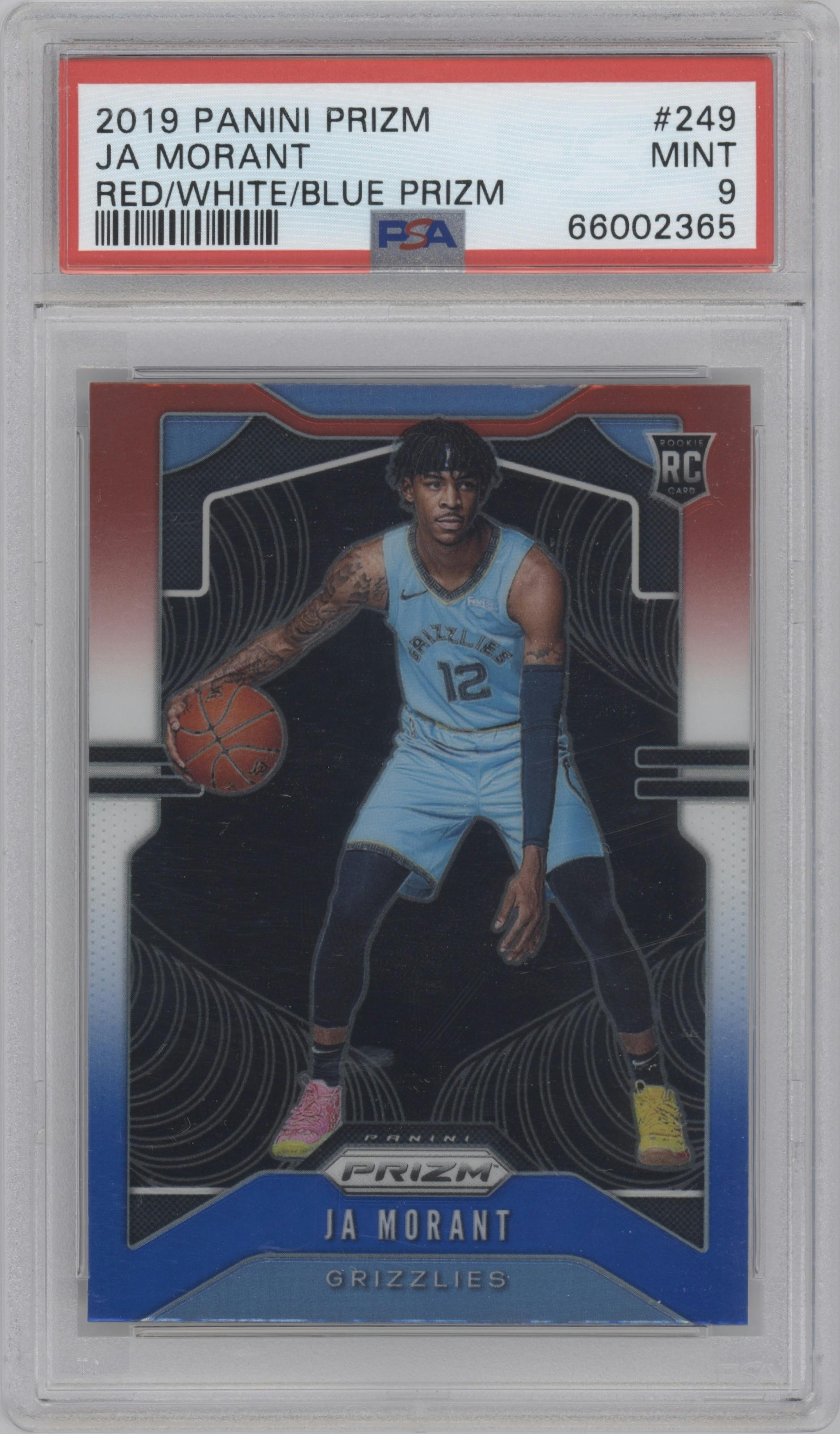 Ja Morant from the 2019-20 Panini Prizm set featuring a Red/White/Blue Prizm  parallel graded by PSA and given an overall grade of 9.