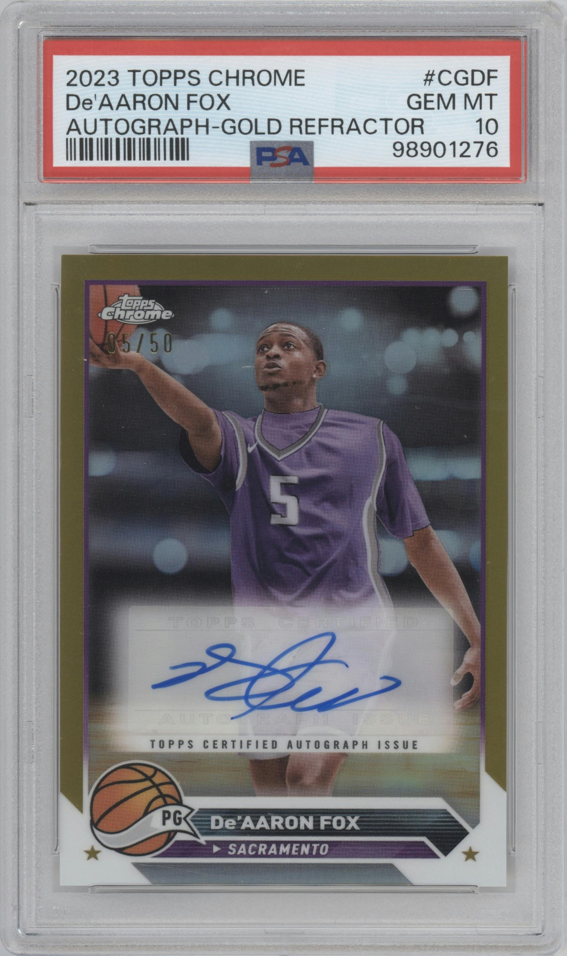 De’Aaron Fox from the 2023-24 Topps Chrome set featuring a Gold Refractor parallel graded by PSA and given an overall grade of 10.