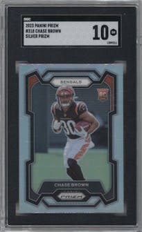 Chase Brown from the 2023 Panini Prizm set featuring a Silver Prizm parallel graded by SGC and given an overall grade of 10.