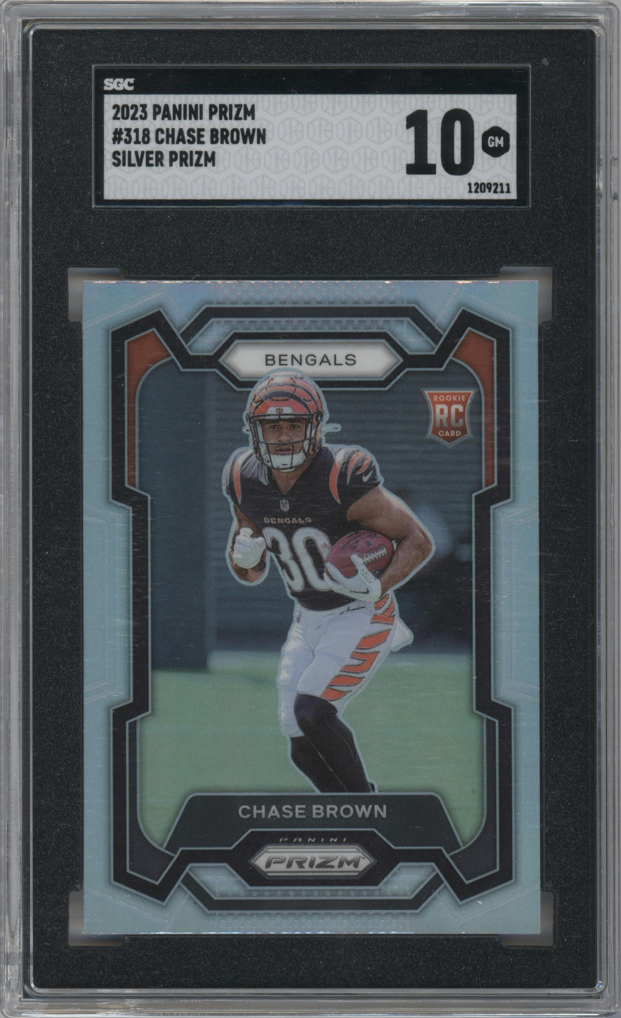 Chase Brown from the 2023 Panini Prizm set featuring a Silver Prizm parallel graded by SGC and given an overall grade of 10.