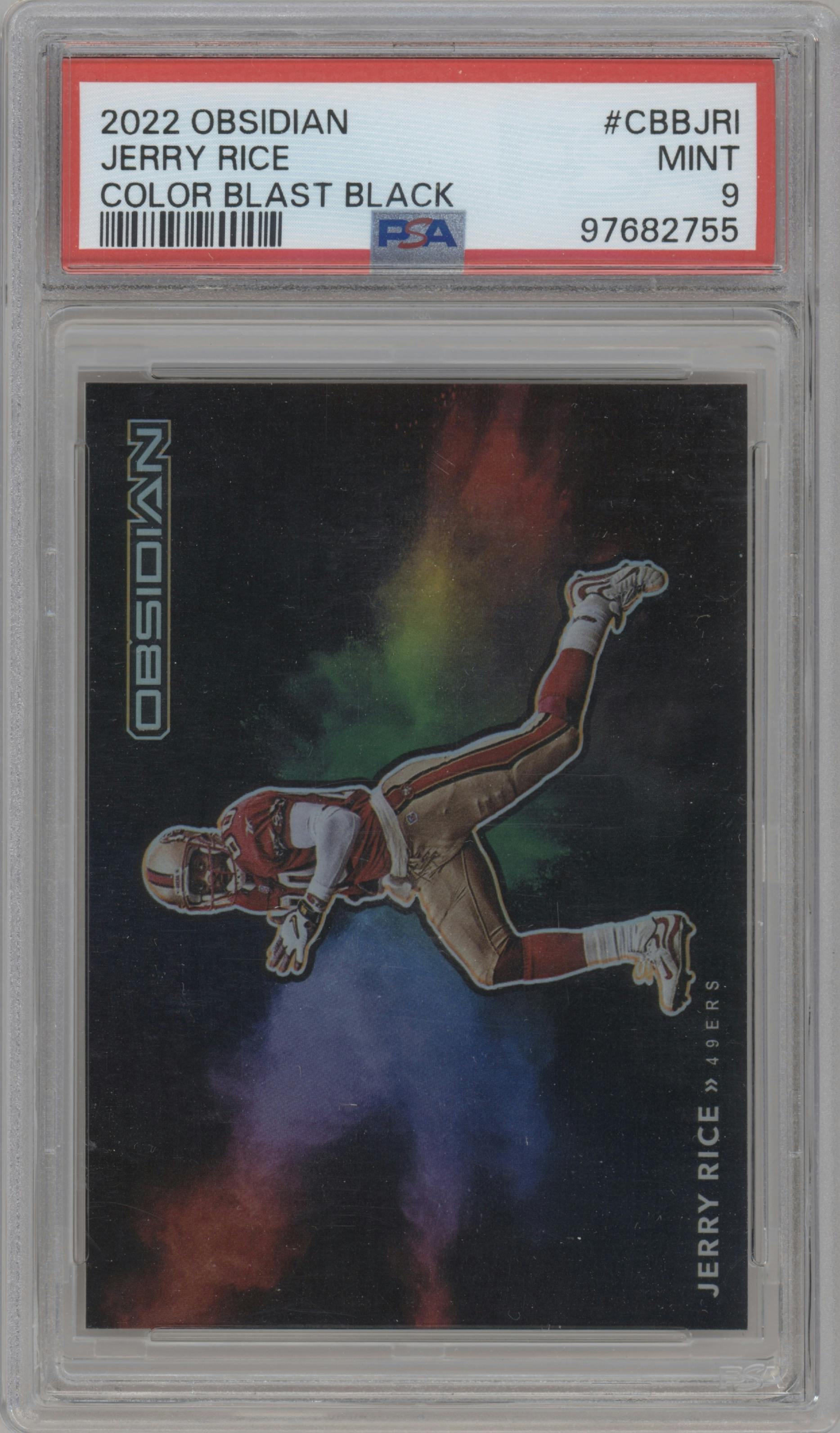 Jerry Rice from the 2022 Panini Obsidian set graded by PSA and given an overall grade of 9.