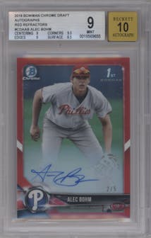 Alec Bohm from the 2018 Bowman Draft set featuring a Red Refractor parallel graded by Beckett and given an overall grade of 9.
