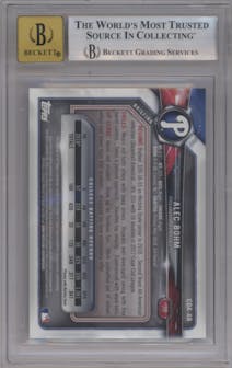 Alec Bohm from the 2018 Bowman Draft set featuring a Red Refractor parallel graded by Beckett and given an overall grade of 9.