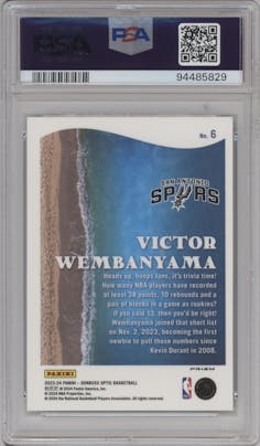 Victor Wembanyama from the 2023-24 Donruss Optic set featuring a Green Shock parallel graded by PSA and given an overall grade of 10.