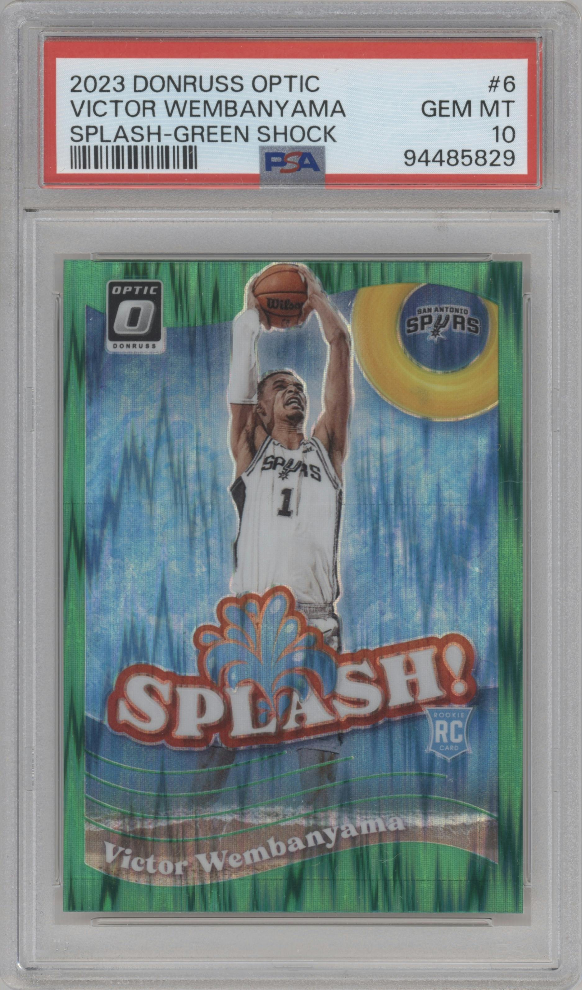 Victor Wembanyama from the 2023-24 Donruss Optic set featuring a Green Shock parallel graded by PSA and given an overall grade of 10.