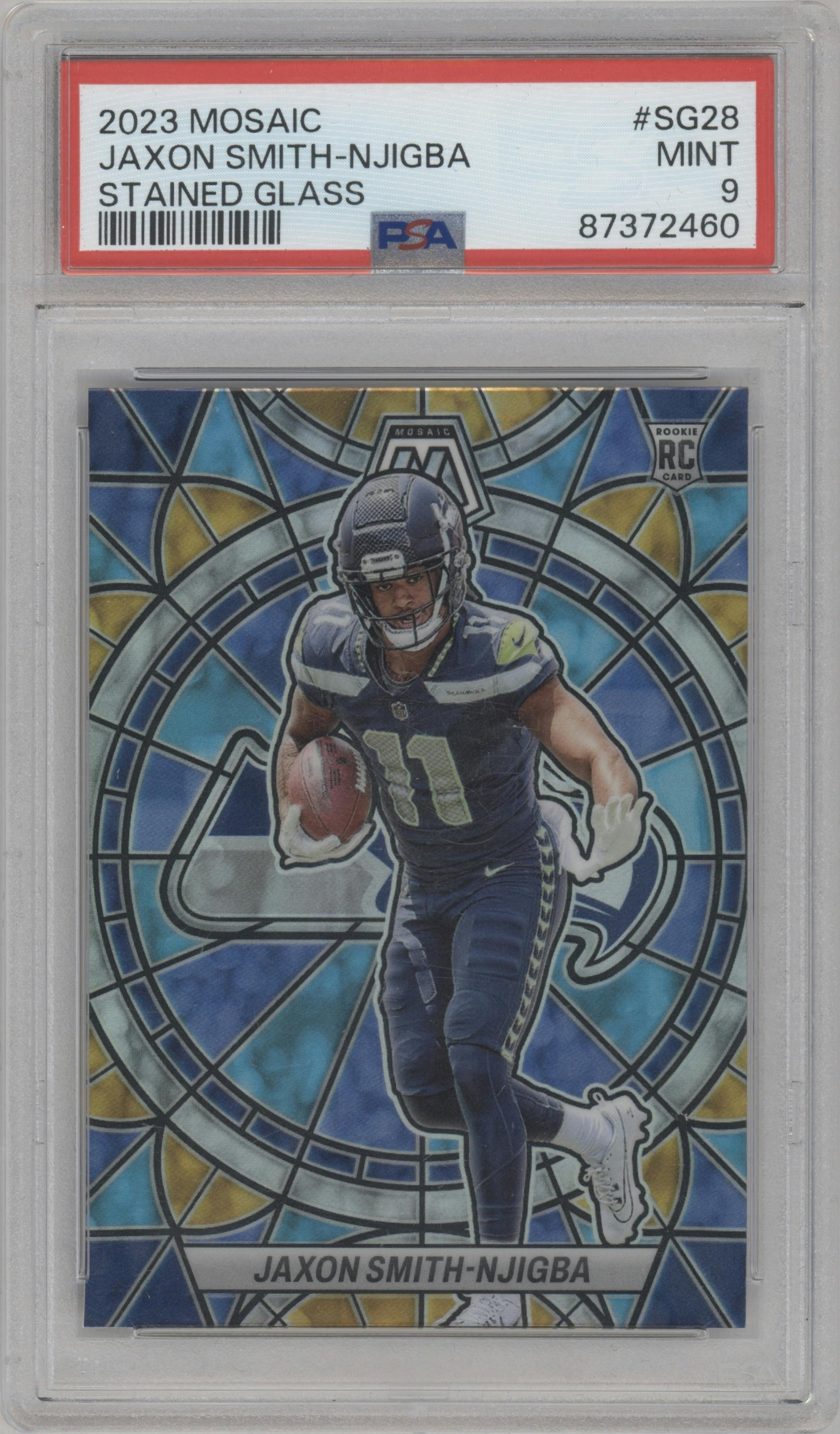 Jaxon Smith-Njigba from the 2023 Panini Mosaic set graded by PSA and given an overall grade of 9.