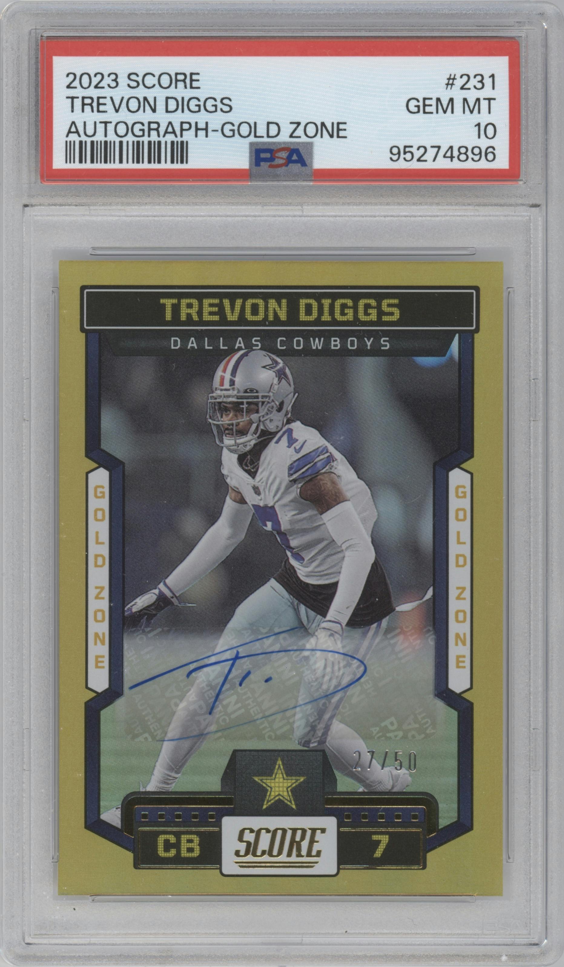 Trevon Diggs from the 2023 Panini Score set featuring a Gold Zone parallel graded by PSA and given an overall grade of 10.