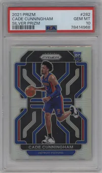 Cade Cunningham from the 2021-22 Panini Prizm  set featuring a Silver Prizm parallel graded by PSA and given an overall grade of 10.