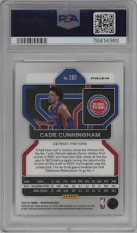 Cade Cunningham from the 2021-22 Panini Prizm  set featuring a Silver Prizm parallel graded by PSA and given an overall grade of 10.
