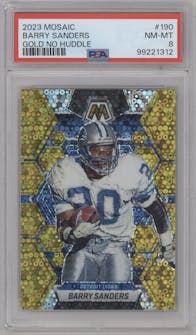 Barry Sanders from the 2023 Panini Mosaic set featuring a No Huddle Gold parallel graded by PSA and given an overall grade of 8.