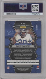Barry Sanders from the 2023 Panini Mosaic set featuring a No Huddle Gold parallel graded by PSA and given an overall grade of 8.