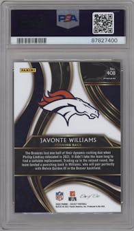 Javonte Williams from the 2020 Panini Select set featuring a Black Prizm parallel graded by PSA and given an overall grade of 10.
