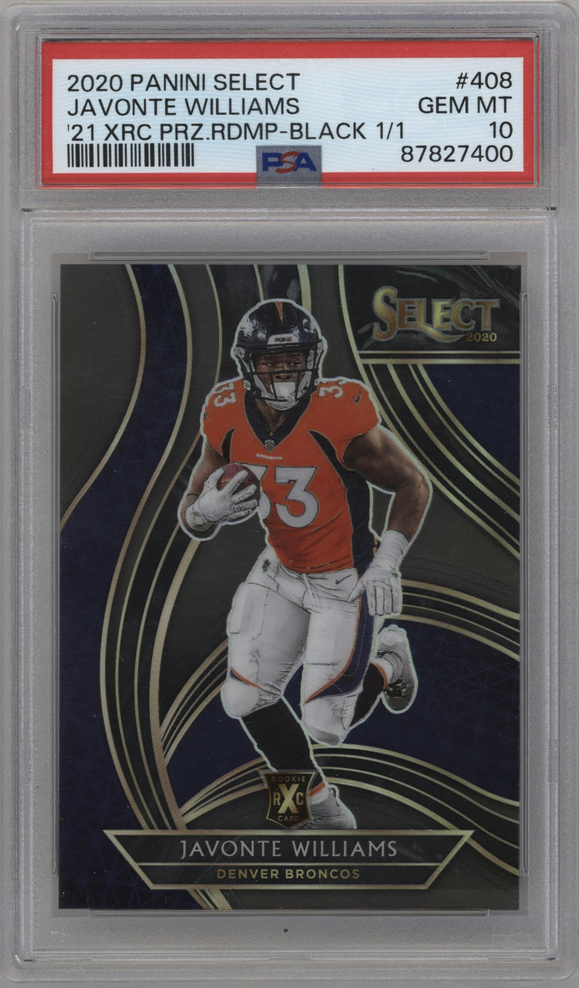 Javonte Williams from the 2020 Panini Select set featuring a Black Prizm  parallel graded by PSA and given an overall grade of 10.