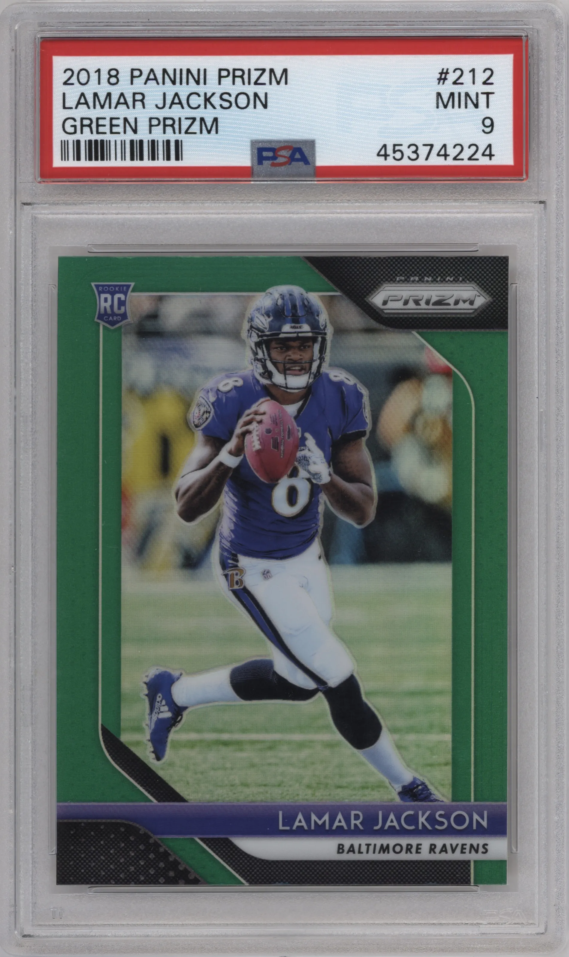 2018 Panini Prizm Lamar Jackson Green Prizm #212 PSA 9