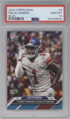 Malik Nabers from the 2024 Topps Now set featuring a Blue parallel graded by PSA and given an overall grade of 10.