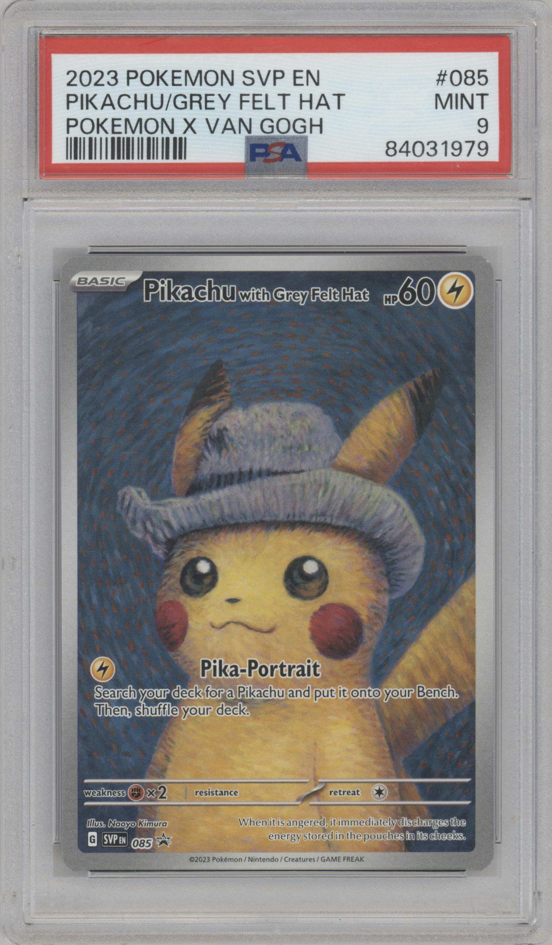 Pikachu with Grey Felt Hat from the 2023 Pokemon SV set featuring a Pokemon x Van Gogh parallel graded by PSA and given an overall grade of 9.