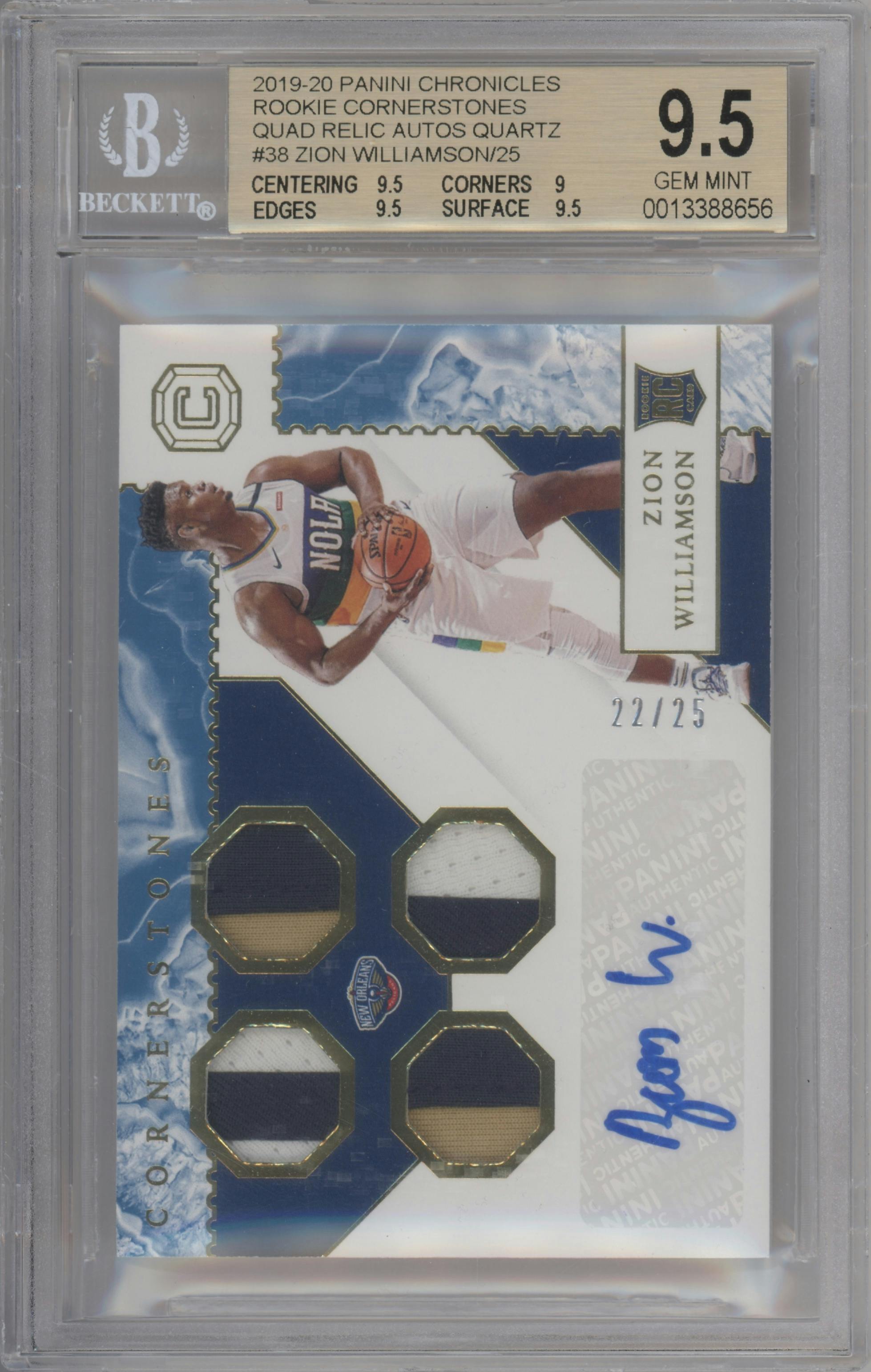Zion Williamson from the 2019-20 Panini Chronicles  set featuring a Quartz parallel graded by Beckett and given an overall grade of 9.5.