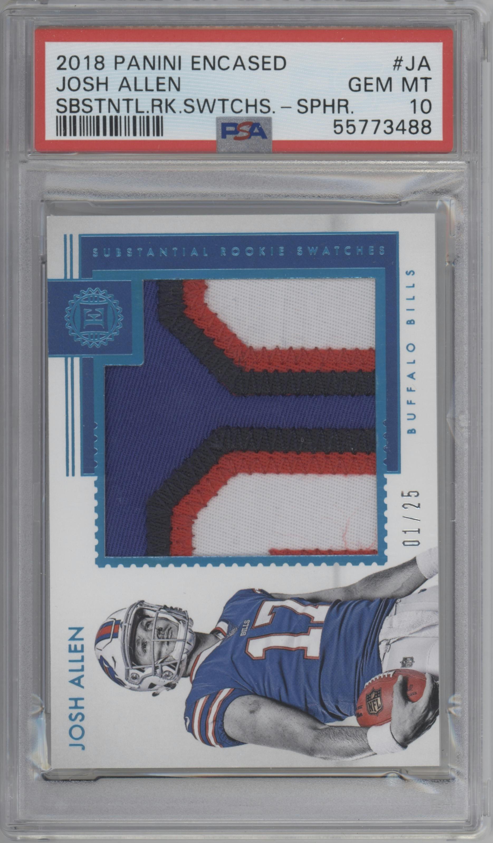 Josh Allen from the 2018 Panini Encased set featuring a Sapphire parallel graded by PSA and given an overall grade of 10.