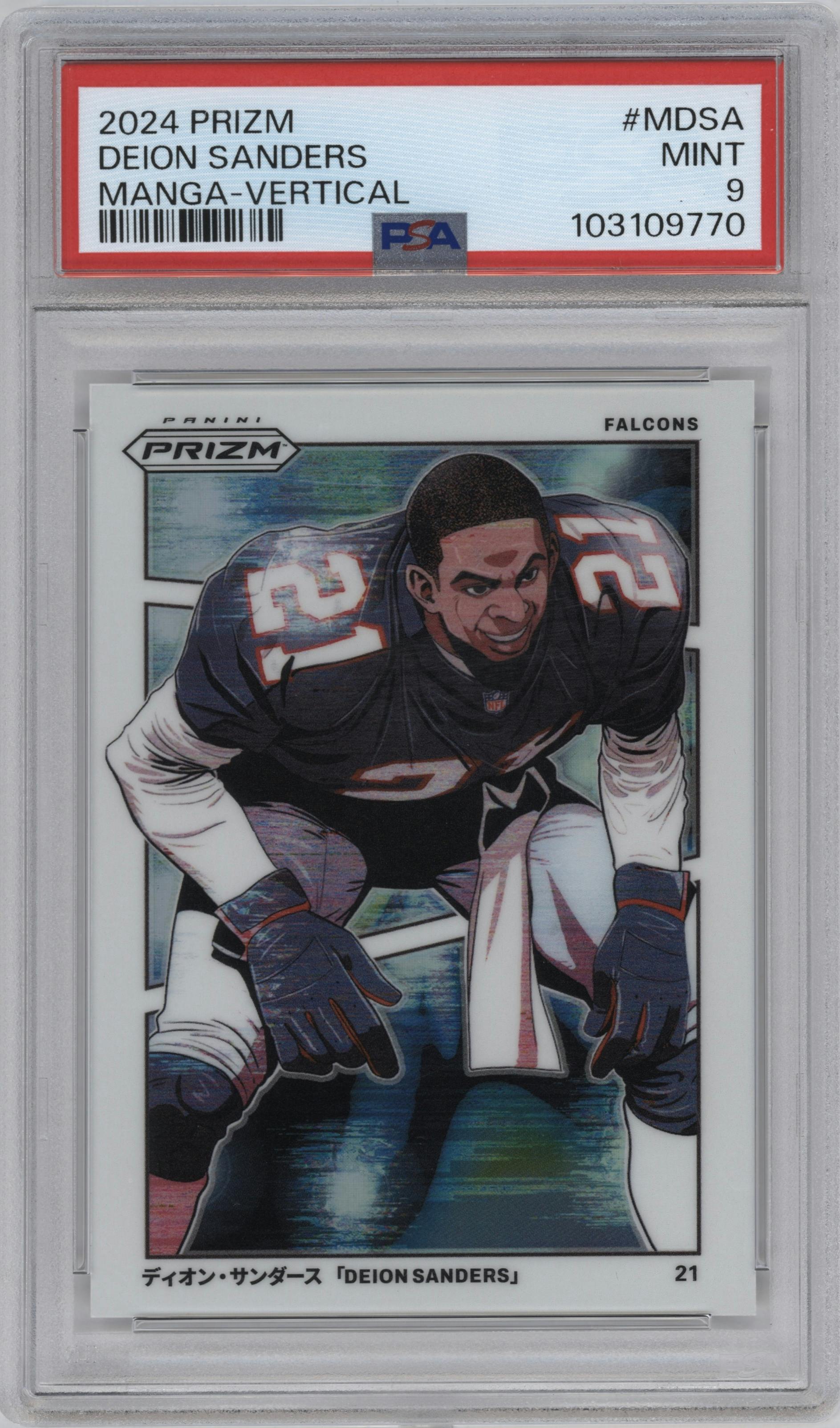 Deion Sanders from the 2024 Panini Prizm set graded by PSA and given an overall grade of 9.